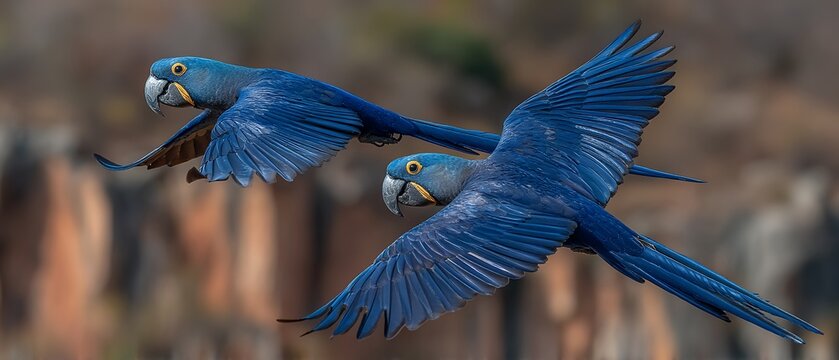 two lear's macaws flying in formation