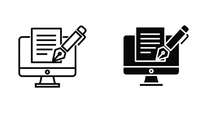 Computer monitor with document and pencil icon set in modern flat design