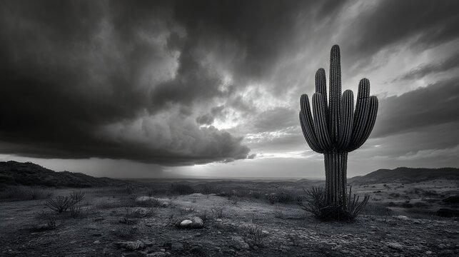 mandacaru cactus silhouetted against stormy caatinga sky