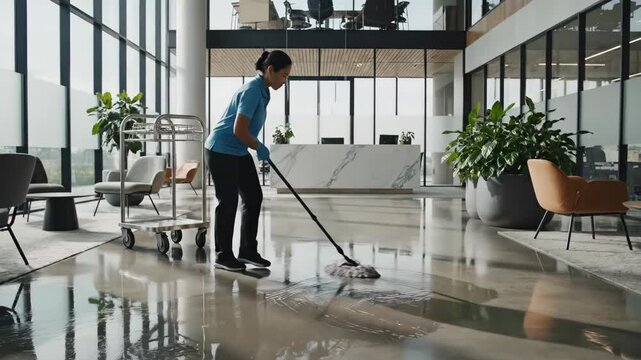 Female cleaner mops a highly reflective modern office lobby floor