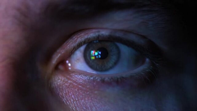 Close-up of a human eye reflecting a screen, showing the pupil dilating and contracting in response to light changes.