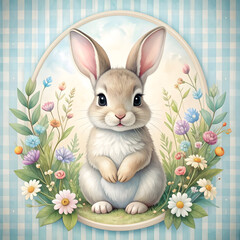 Bunny in the Meadow: A charming illustration captures an adorable bunny, nestled amidst a vibrant meadow, surrounded by colorful wildflowers and a cheerful ambiance.