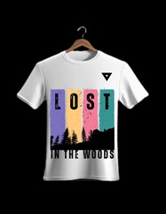 Naklejka premium Lost in the Woods Retro Typography T-Shirt Design with Vintage Forest Stripes