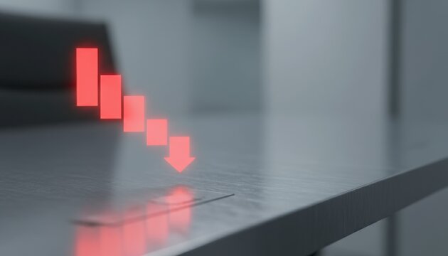 Red glowing bars forming a decreasing graph ending with a downward arrow on a blurred grey office desk surface