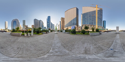 360 hdri seamless panorama on pedestrian path near skyscrapers in sunny morning in big city in equirectangular spherical projection, ready AR VR virtual reality content