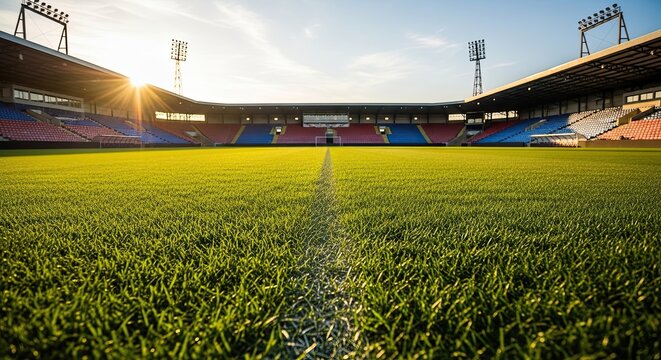 Green grass field of sports arena with bright sunlight during daytime