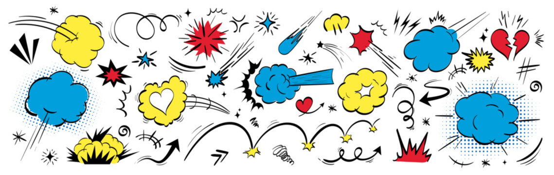 Superhero comic explosion effect vector kit with colorful speed lines, burst smoke, impact frame, love heart, arrow. Pop cartoon element bundle for animation, doodle air effect. Explosive shapes