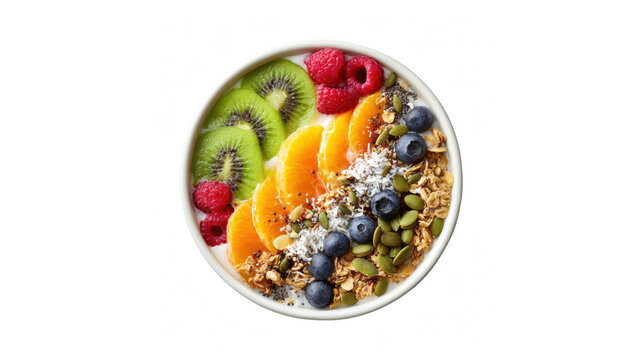 A vibrant and healthy breakfast bowl filled with granola, fresh fruit, and a sprinkle of coconut flakes.