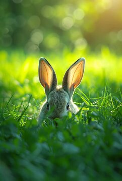  Cute easter bunny in the green grass. 