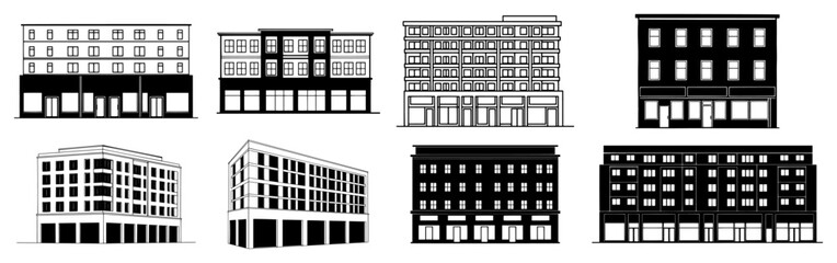 Collection of modern city building silhouettes and urban architecture vector icons © Wieslaw