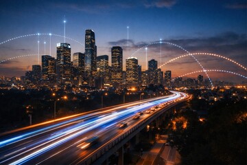 Fototapeta premium Smart city skyline at night with digital network connection lines