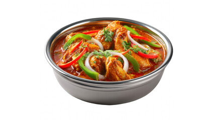 Fototapeta premium A delicious and spicy indian chicken curry served in a traditional metal bowl, garnished with fresh cilantro and sliced onions.