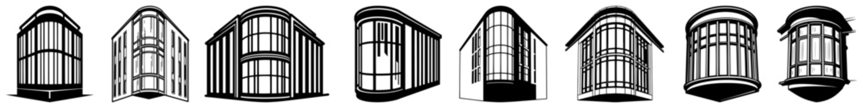 Collection of architectural sketches featuring curved glass facades and modern bow window designs