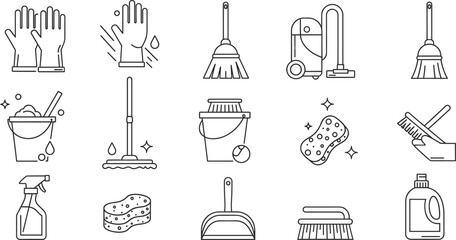 Obraz premium Cleaning Tools Line Icon Vector Set Featuring Mop, Bucket, Vacuum, Sponge, Detergent, Gloves, and Household Hygiene Symbols
