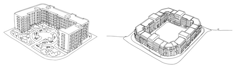 Isometric line art drawing of modern apartment complex with courtyard and urban landscaping © Wieslaw