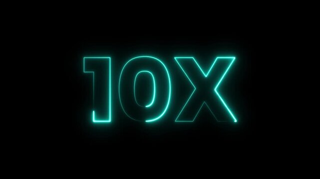 10x text animation with intense realistic fire flames. neon blue 10x symbol on black background loop.