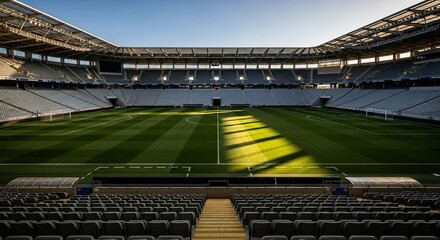 Fototapeta premium Modern stadium with green field and empty seats under bright sunlight