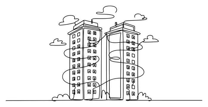 Two tall skyscraper towers with clouds in artistic continuous line drawing style