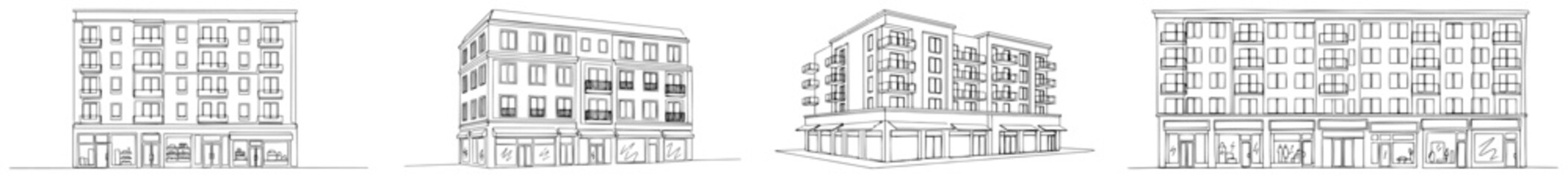Set of urban apartment building sketches in one line drawing architectural style © Wieslaw