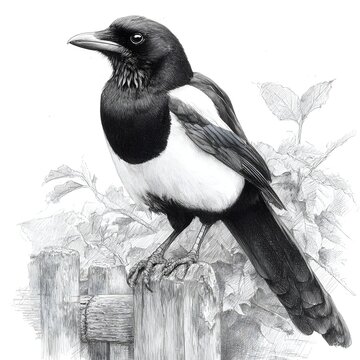 Magpie graphite drawing detailed bird perched in garden image