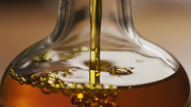 Golden olive oil pouring into a clear glass bottle in close-up. Stream of extra virgin liquid filling a container. Healthy cooking ingredient concept