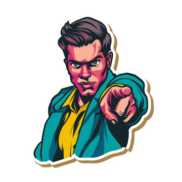 Bossy character pointing finger forward confidently, meme reaction style, vibrant colors, bold contour, white sticker stroke