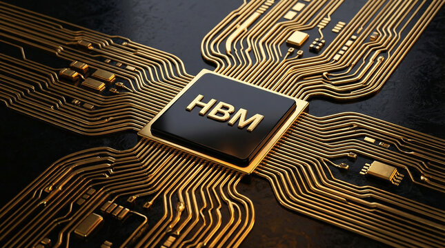 High Bandwidth Memory HBM Computer Chip with Gold Circuitry and Macro Technology Detail