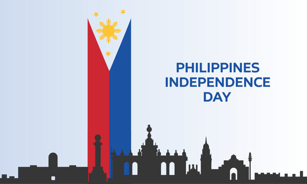 Commemorative vector graphic for Philippine Independence Day, highlighting the national flag's sun and stars emblem rising above the iconic Manila city silhouette.