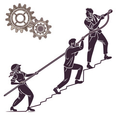 Teamwork tension concept with people pulling rope up stairs with gears © bb2