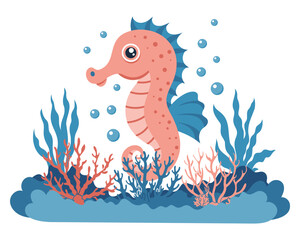Cute seahorse in the ocean underwater with corals and algae. Kids illustration. © Tatiana