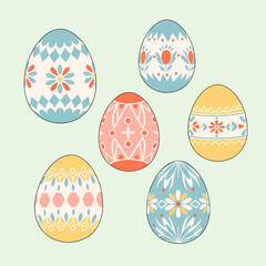 Hand-painted eggs with traditional ornament illustration on pastel background  