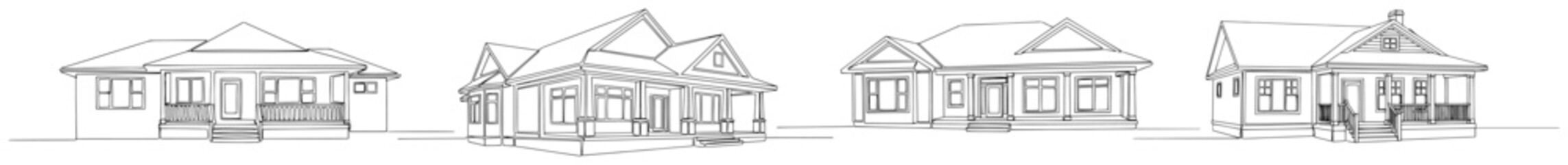 Collection of four suburban family house sketches in continuous line art style © Wieslaw