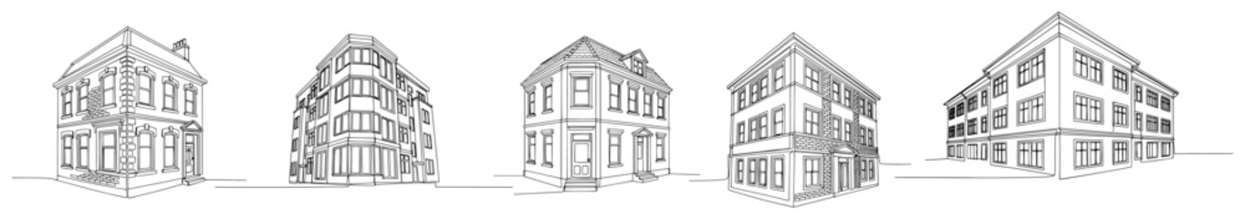 Set of historical urban townhouses and corner buildings in minimalist continuous line art style