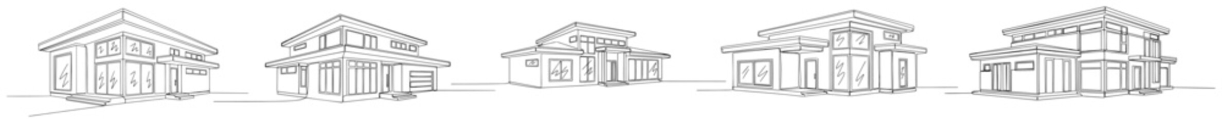 Collection of modern flat roof villa house designs in minimalist black and white line art © Wieslaw