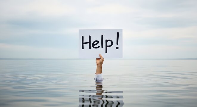 Person standing in the ocean holding a sign that says help