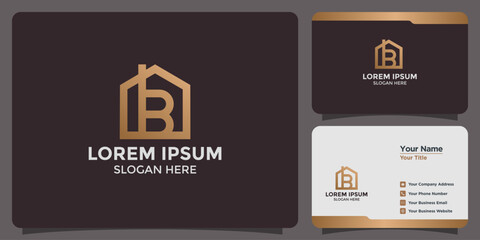 Creative golden letter B logo with house shape and business card mockups on dark brown background, representing real estate or property services © Nozie Sky