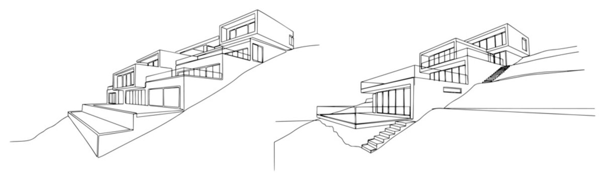 Minimalist architectural sketch of a modern tiered house built on a steep hillside slope