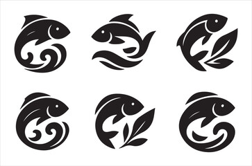 Obraz premium Stylized black fish designs with swirling tails and leaf elements