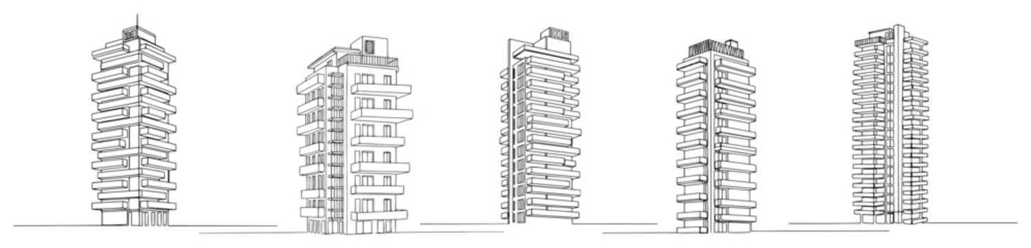 Set of tall residential skyscraper sketches with modular balcony designs in line art
