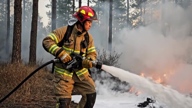 Firefighter in protective gear extinguishes a forest ground fire with a hose stream