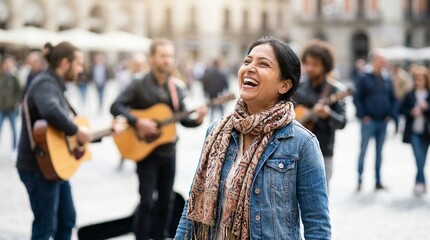 Fototapeta premium Young adult woman laughing in busy city square, candid street portrait with denim jacket and scarf, joyful travel lifestyle mood, public festival atmosphere