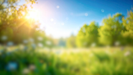 Sunny spring meadow blur background, blue sky and green grass