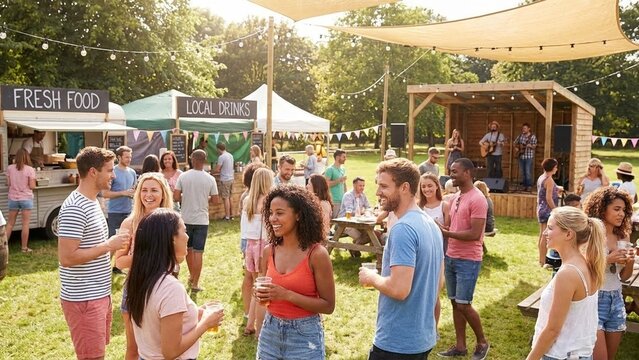 Diverse young adults socializing at sunny outdoor food festival, casual drinks and fresh food stalls in park, relaxed summer vibe for community events and holidays
