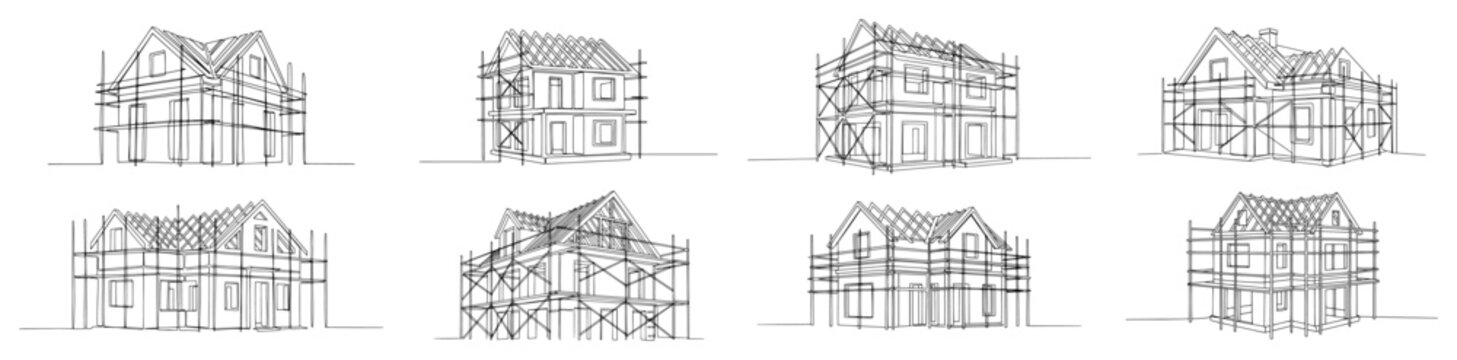 Set of houses under construction with scaffolding and roof frames in continuous line art