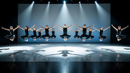 Dynamic Dance Troupe Performing on Stage with Dramatic Lighting and Reflections.