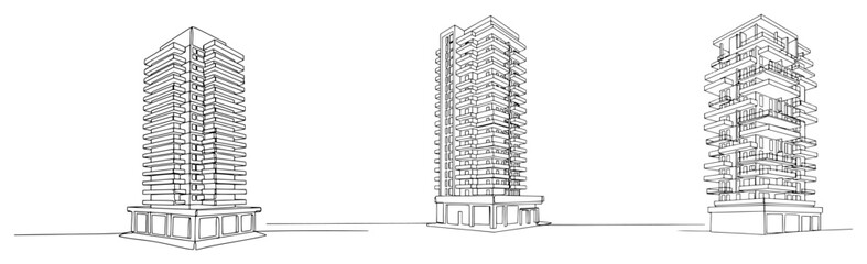 Set of minimalist skyscraper sketches showing modern high rise residential apartment buildings with balconies © Wieslaw