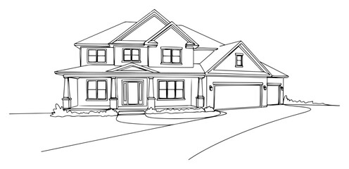 Detailed architectural line art sketch of a large suburban family home with garage © Wieslaw