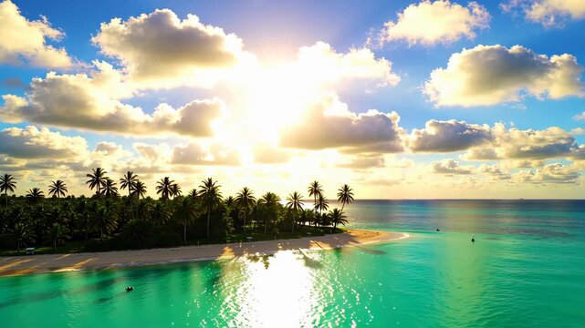 Wide shot of a tropical island during a light summer rain, with the sun shining through clouds creating a sunshower effect over turquoise water and