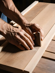 Hands of a Carpenter Working on Wooden Surface