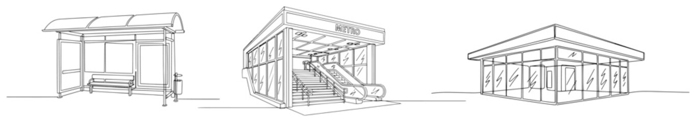 Set of urban public transport infrastructure including bus stop and metro entrance © Wieslaw